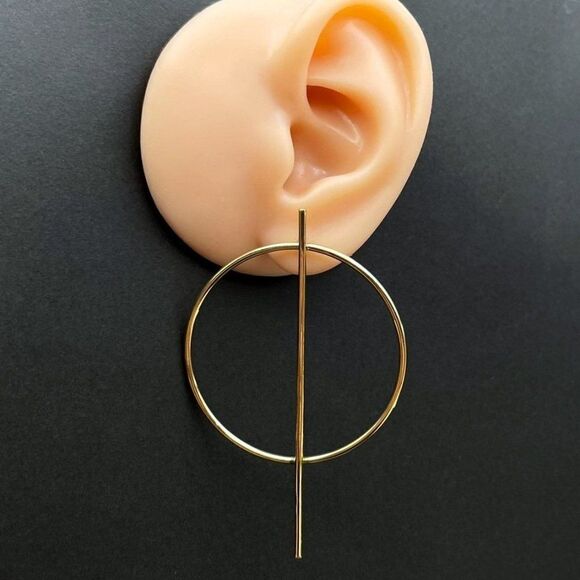 Yellow Gold Minimalistic Geometric Hoop Circle and Bar Post Back Earrings - Picture 8 of 9